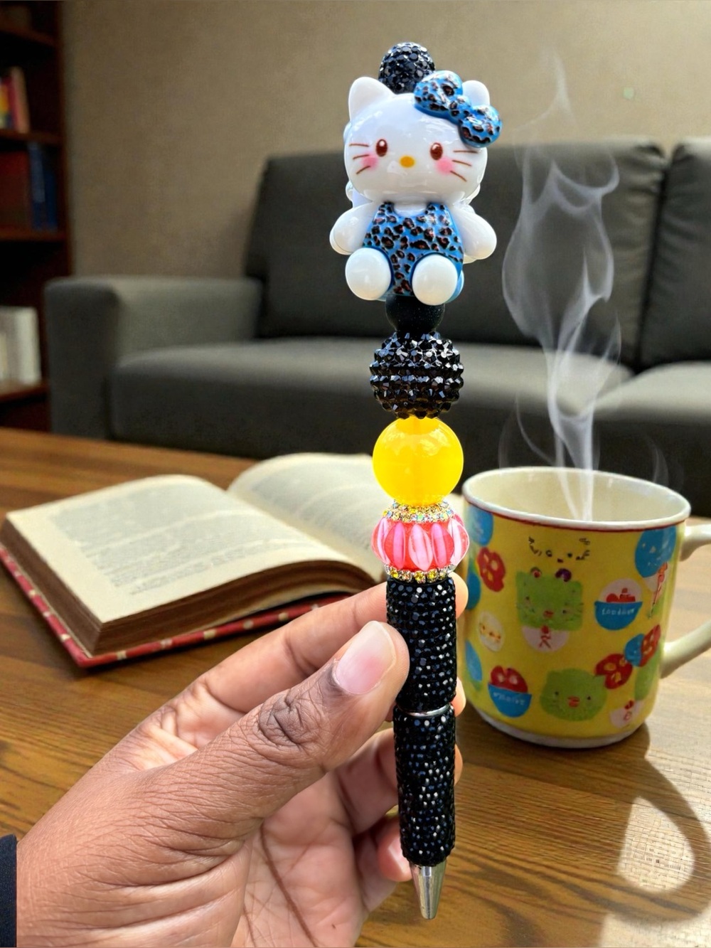 Handcrafted HK Beaded  Rhinestone Pen - White & Black with Yellow Accent
